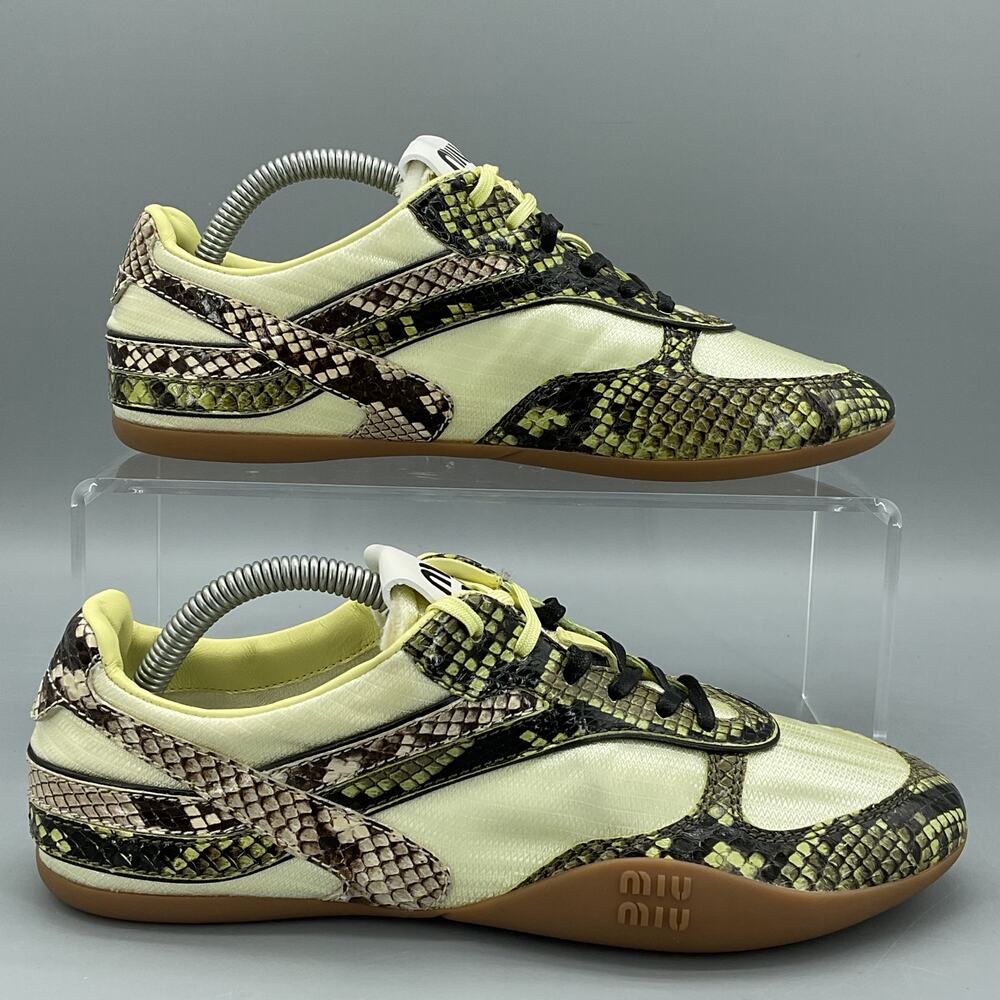 NEW Miu Miu Women’s Gymnasium Python-Print Leather Sneakers Yellow Size 7/37